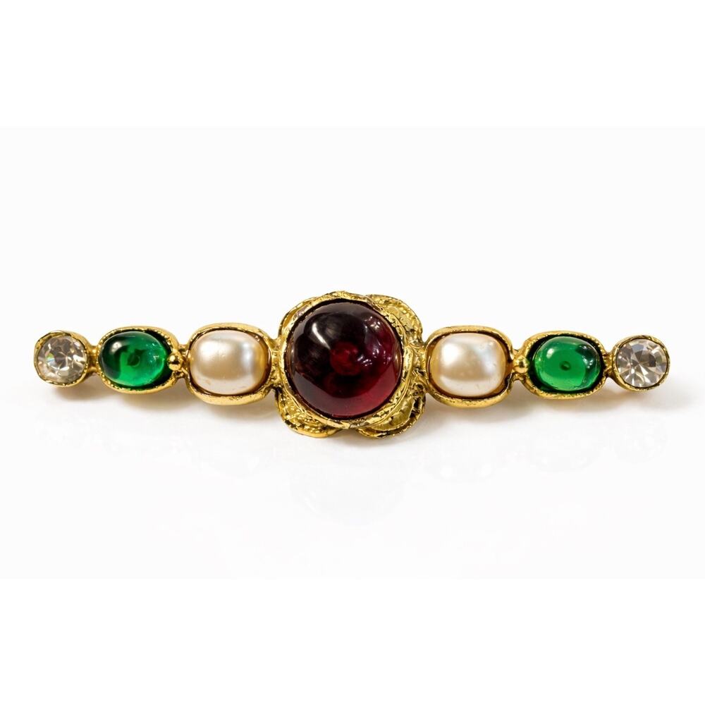 Vintage CHANEL 1986 Gripoix Glass Cabochon Bar Brooch Pearl Green CC Logo - Picture 2 of 14